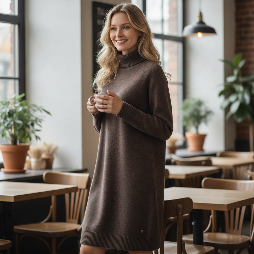 Fynch-Hatton - Ladies - Knitted Dress made of Merino wool with a turtleneck - Exspresso 26097441 896 - Wildvine Clothing, Spalding, Lincolnshire
