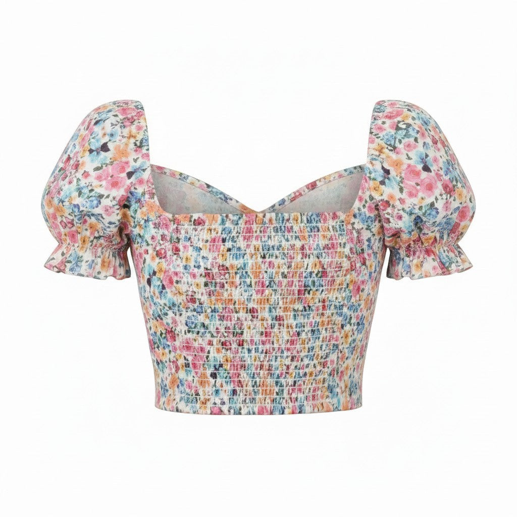 QED London - Ladies - Ditsy Floral Cropped Puff Sleeve Top - Floral - Wildvine Clothing, Spalding, Lincolnshire