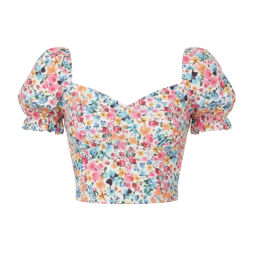 QED London - Ladies - Ditsy Floral Cropped Puff Sleeve Top - Floral - Wildvine Clothing, Spalding, Lincolnshire
