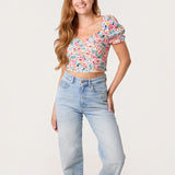 QED London - Ladies - Ditsy Floral Cropped Puff Sleeve Top - Floral - Wildvine Clothing, Spalding, Lincolnshire