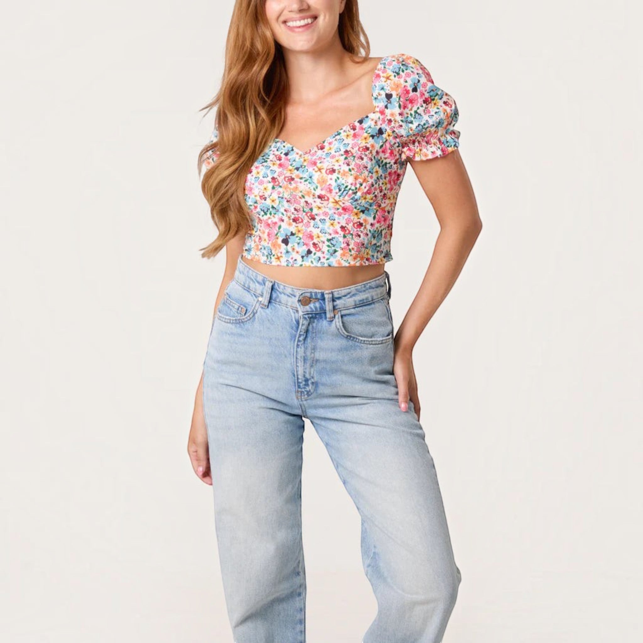 QED London - Ladies - Ditsy Floral Cropped Puff Sleeve Top - Floral - Wildvine Clothing, Spalding, Lincolnshire