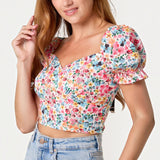QED London - Ladies - Ditsy Floral Cropped Puff Sleeve Top - Floral - Wildvine Clothing, Spalding, Lincolnshire