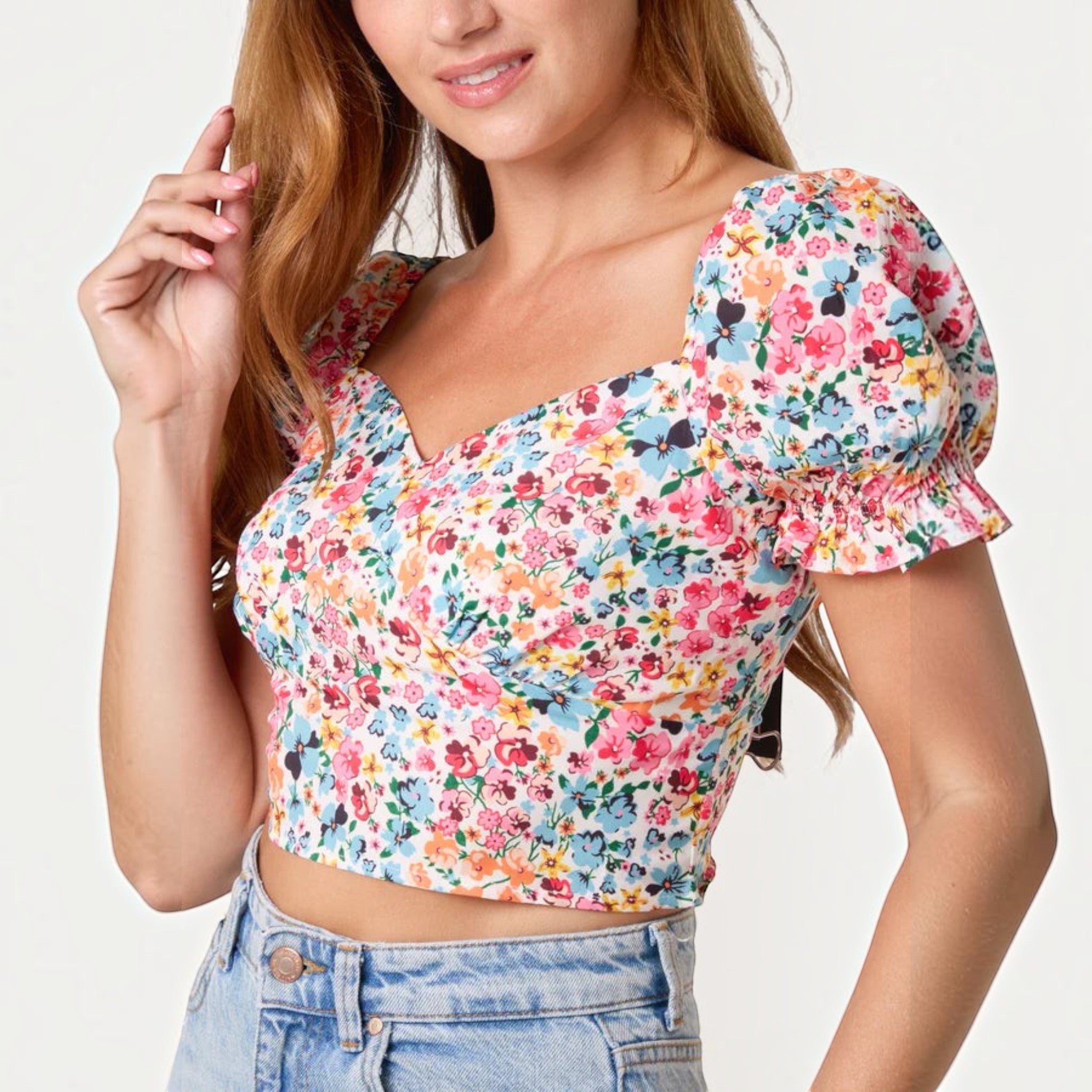 QED London - Ladies - Ditsy Floral Cropped Puff Sleeve Top - Floral - Wildvine Clothing, Spalding, Lincolnshire