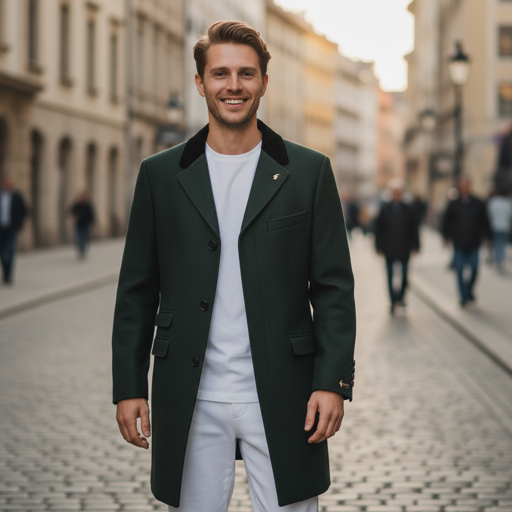 Gabicci Vintage - Mens Winston Melton Velvet Collar Overcoat - Forest - V57GJ06 - Wildvine Clothing, Spalding, Lincolnshire
