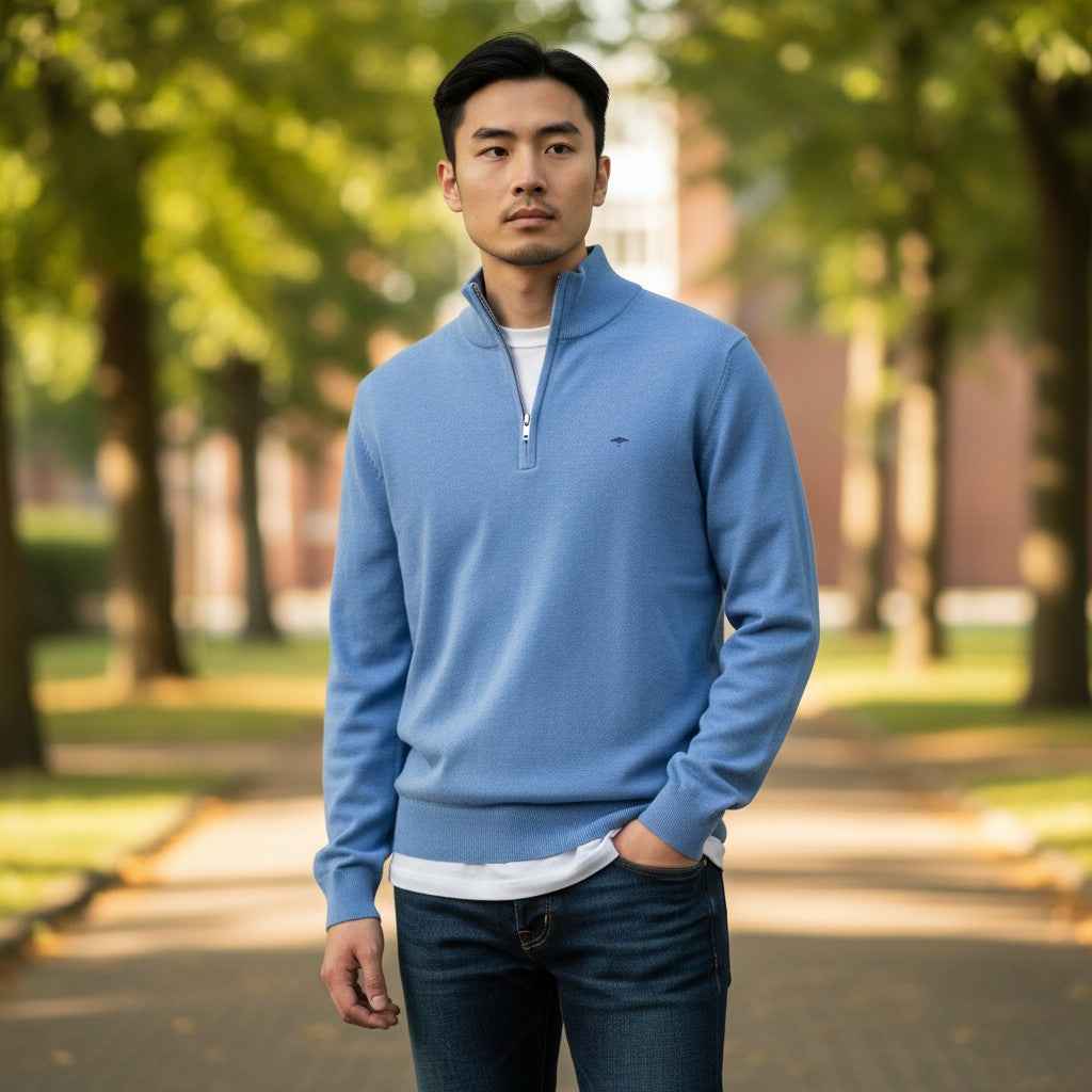 Fynch-Hatton - Mens Knitwear - Troyer-Zip, Superfine - Crystal Blue - Wildvine Clothing, Spalding, Lincolnshire