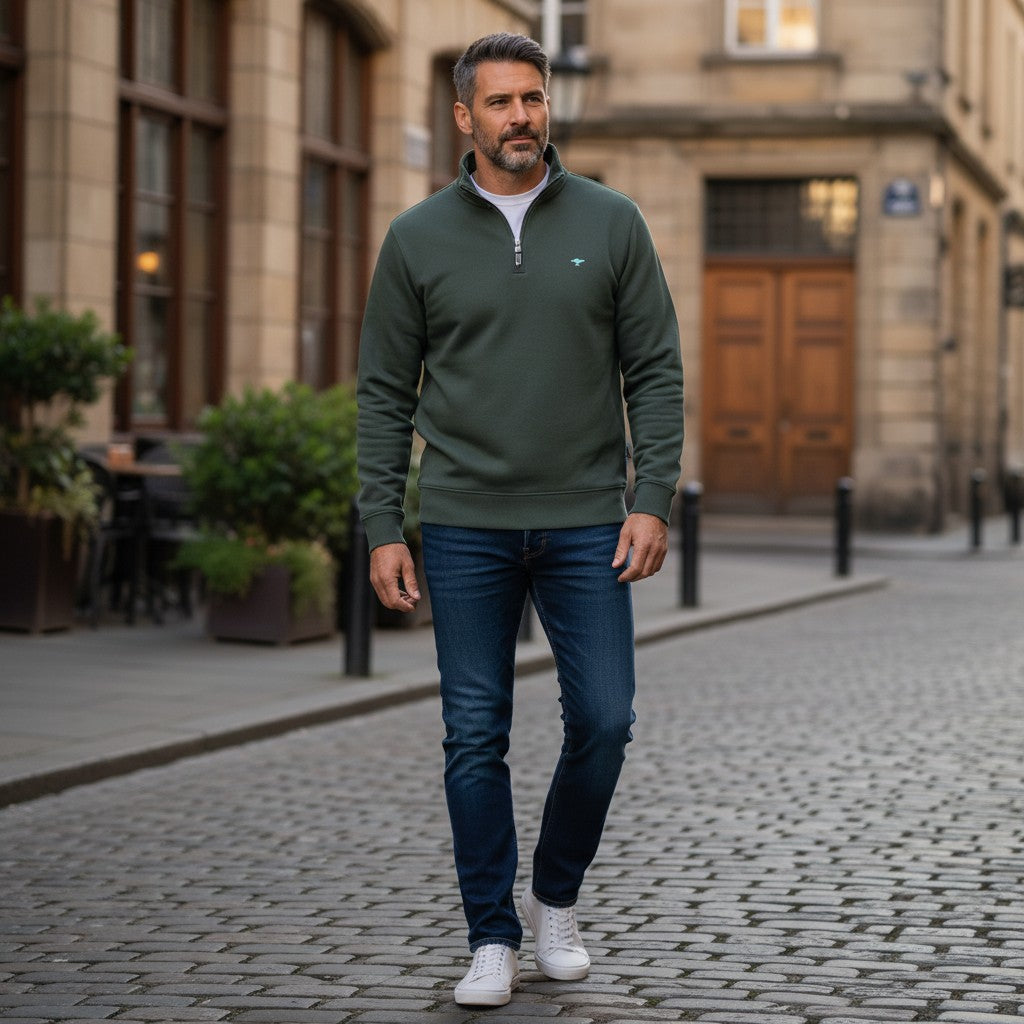 Fynch-Hatton - Mens Knitwear - Sweat Troyer-Zip - Dark Ivy - Wildvine Clothing, Spalding, Lincolnshire