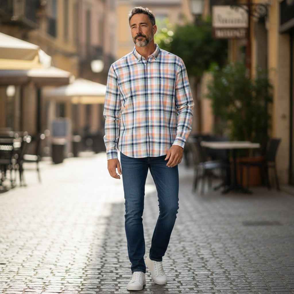 Fynch-Hatton - Mens Shirt - Colorful Combi Check - Peach 209 - Wildvine Clothing, Spalding, Lincolnshire