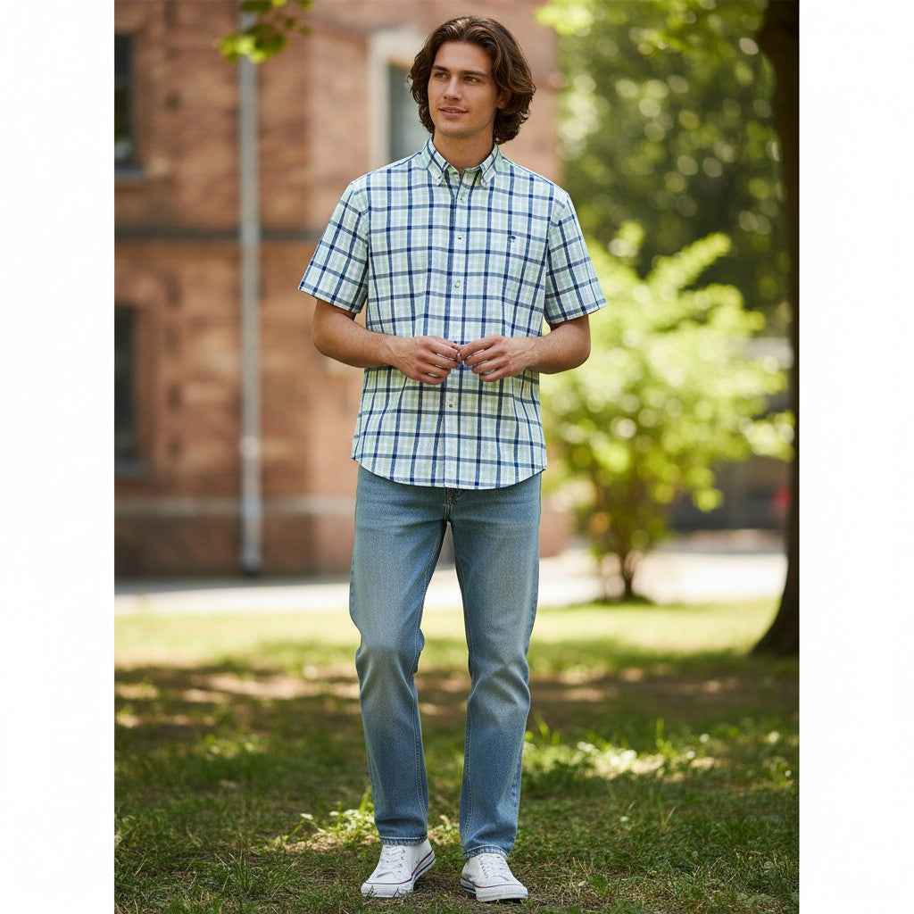 Fynch-Hatton - Mens Shirt - Combi Check - Turf Green - 1/2 sleeve 722 - Wildvine Clothing, Spalding, Lincolnshire