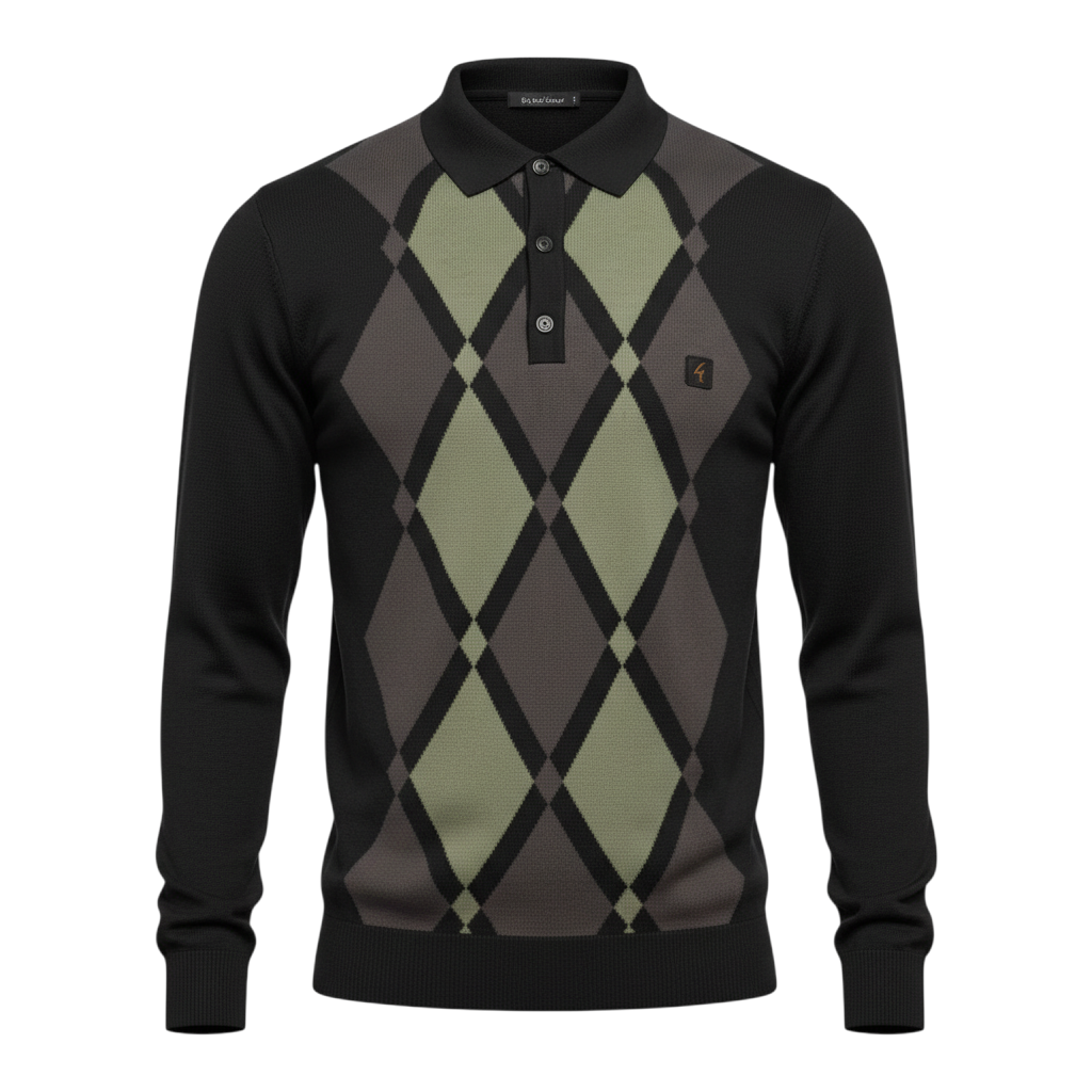 Gabicci Vintage - Mens Bond Argyle Knit Polo - Black - V57GM02 - Wildvine Clothing, Spalding, Lincolnshire