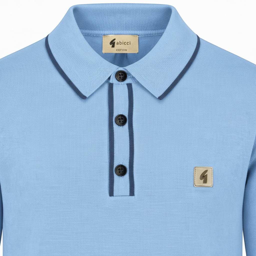 Gabicci Vintage - Mens Naxton Knitted Fistral Blue Lineker Tipped L/S Polo Shirt - Blue - V57GM09 - Wildvine Clothing, Spalding, Lincolnshire