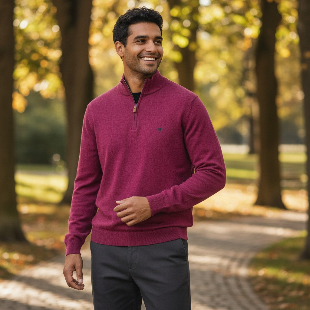 Fynch-Hatton - Mens Knitwear - Air Cotton Troyer-Zip - Grape - 1607316 416 - Wildvine Clothing, Spalding, Lincolnshire