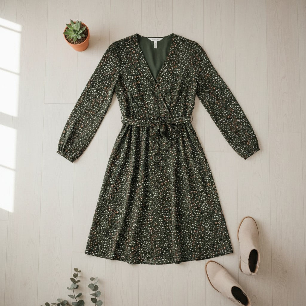 QED London - Ladies - Long Sleeve - Midi Dress - Animal Print Khaki - Wildvine Clothing, Spalding, Lincolnshire