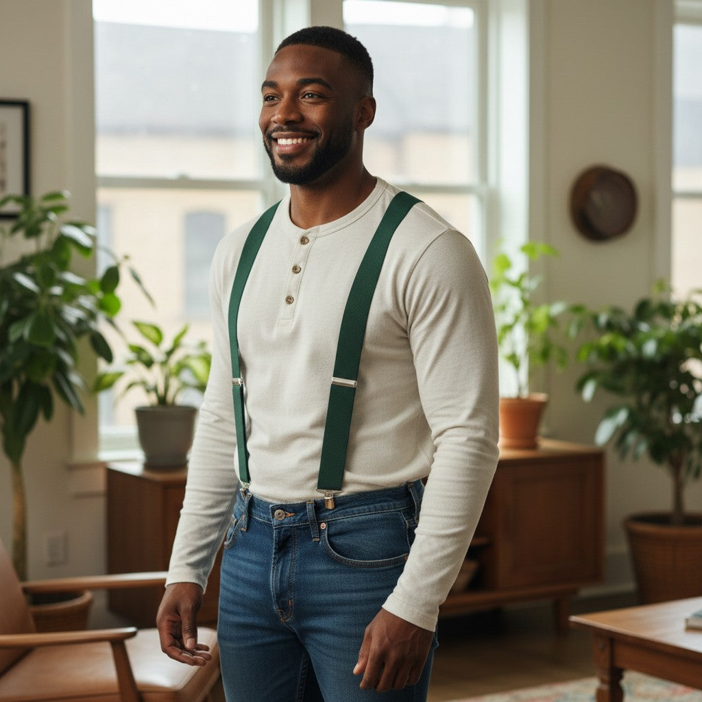 Hunt & Holditch - Mens - Plain Green Braces-Feathered Silver Clip - One Size - Wildvine Clothing, Spalding, Lincolnshire