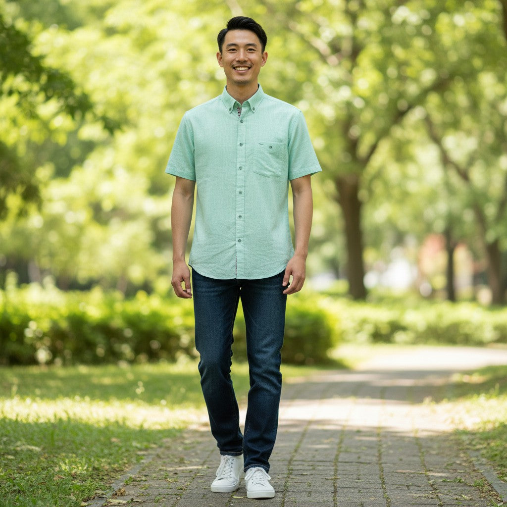 WILDVINE Clothing Co. light green short sleeve button-down shirt worn by a man walking in a park