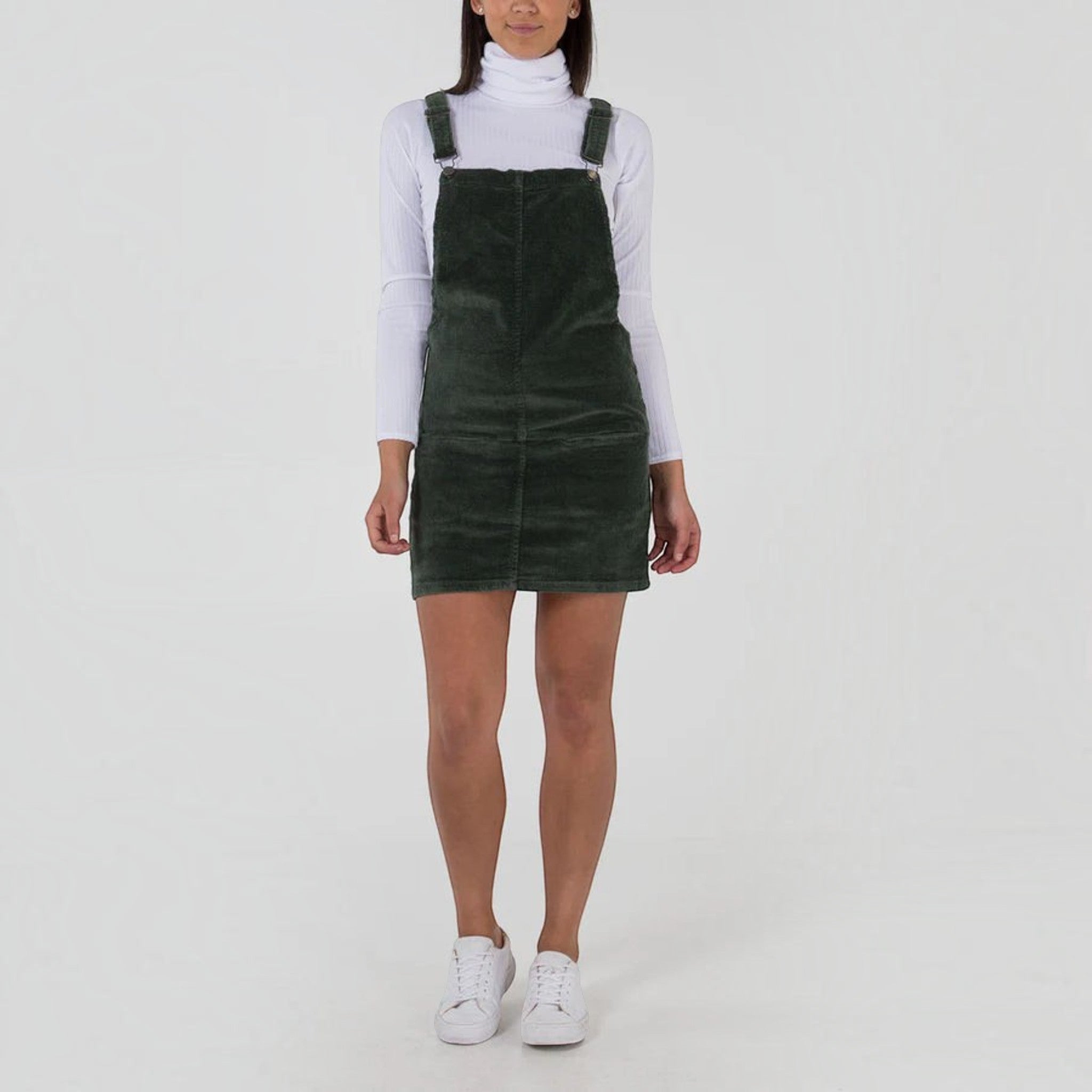 QED London - Ladies - Corduroy Dungaree Dress - Green - Wildvine Clothing, Spalding, Lincolnshire