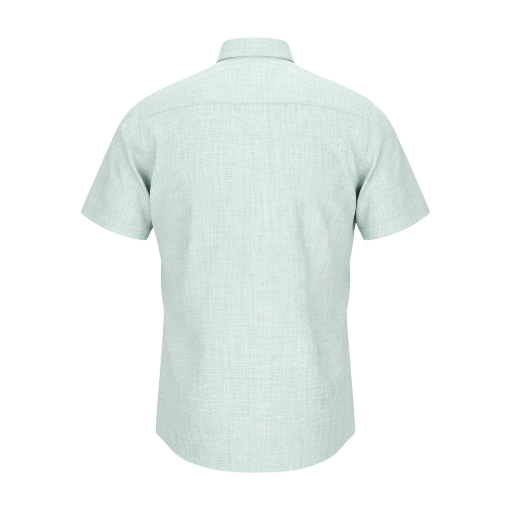 WILDVINE Clothing Co. light green short sleeve casual shirt with a textured weave, shown from the back.