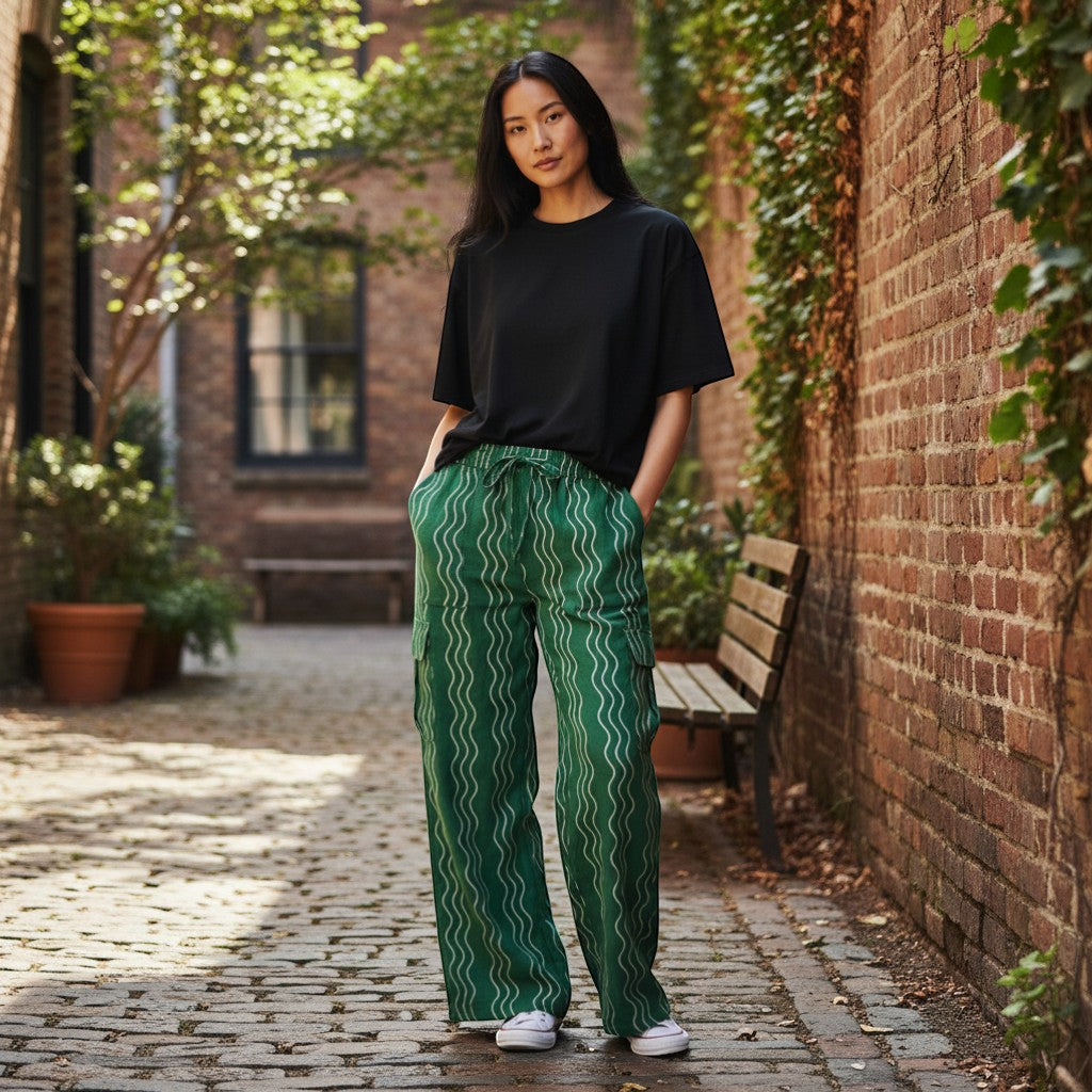 Alice Collins - Beth Wavy Trousers - Green Pepper/Wild Oat - Wildvine Clothing, Spalding, Lincolnshire