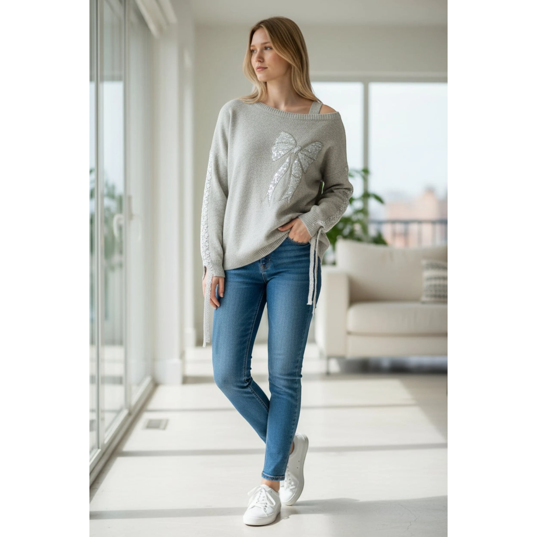 Wild Flower - Ladies - Bow Embroidered Jumper - Beige - Wildvine Clothing, Spalding, Lincolnshire