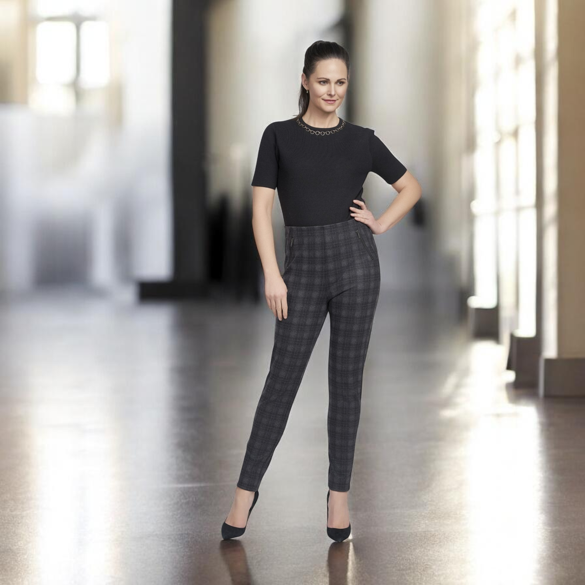 Pinns - Ladies Ponte Pull Up Legging with Stylish Front Zippers - Grey Check 420T/S08SGC - Wildvine Clothing, Spalding, Lincolnshire