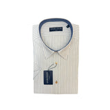 WILDVINE Clothing Co. Gurteen Seville beige striped short-sleeved modern fit shirt with blue inner collar detail