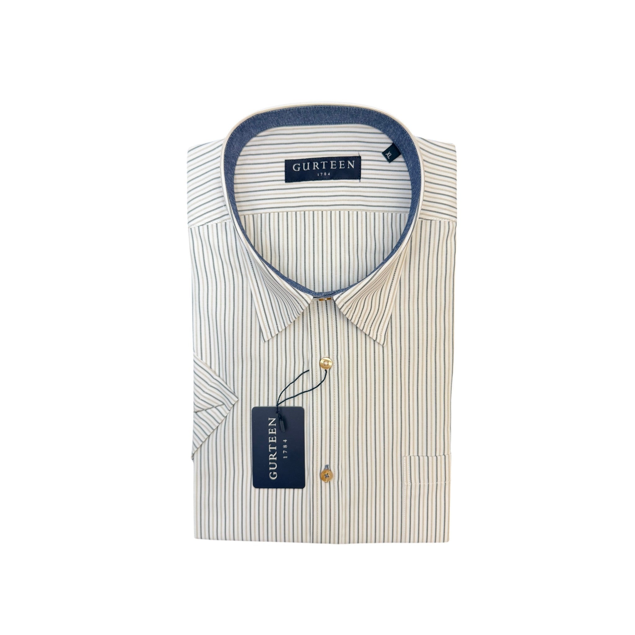 WILDVINE Clothing Co. Gurteen Seville beige striped short-sleeved modern fit shirt with blue inner collar detail