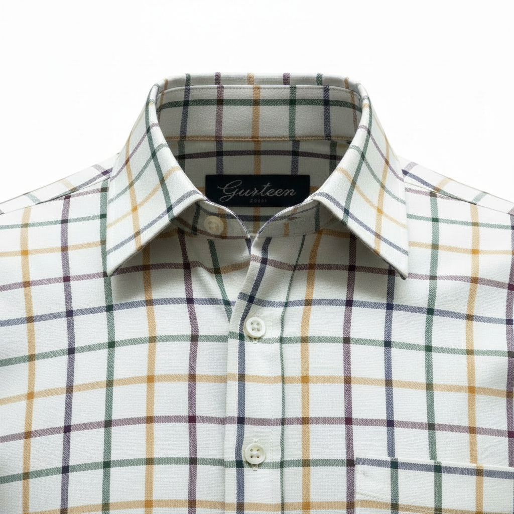 WILDVINE Clothing Co. Gurteen Cumbria long sleeve shirt featuring a multi-colored check pattern on a white background.