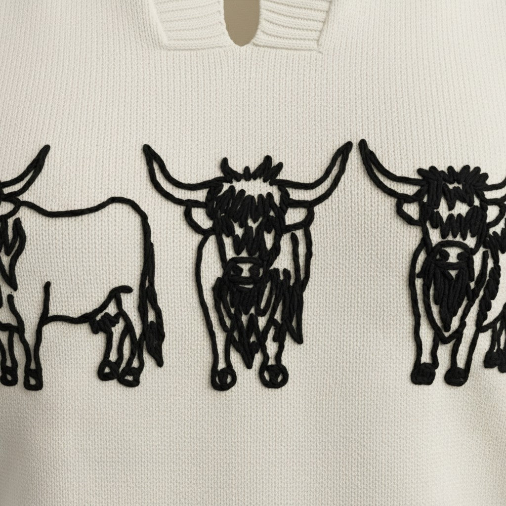 Alice Collins - Highland Cattle Slipover - Winter White - 037A140 - Wildvine Clothing, Spalding, Lincolnshire