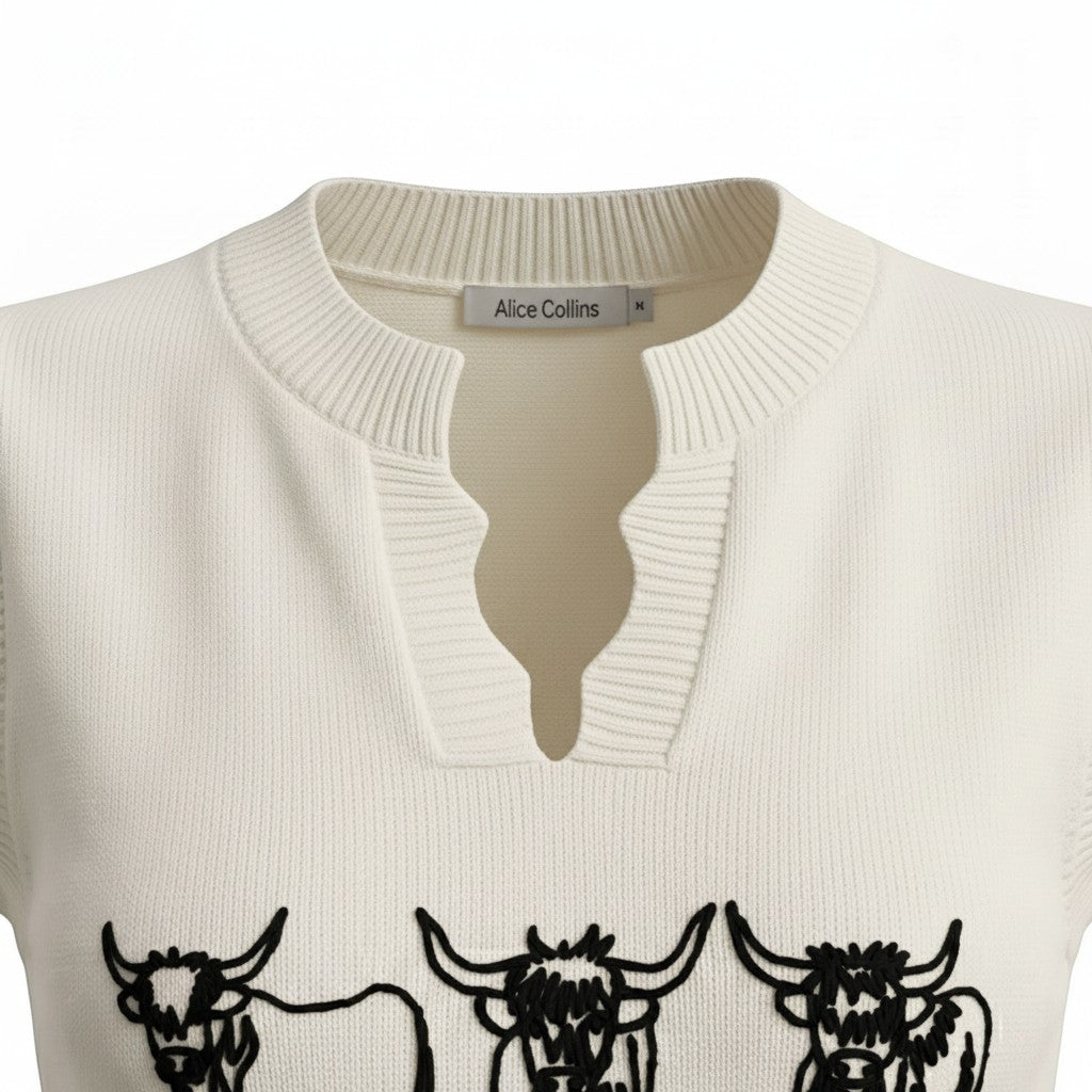 Alice Collins - Highland Cattle Slipover - Winter White - 037A140 - Wildvine Clothing, Spalding, Lincolnshire