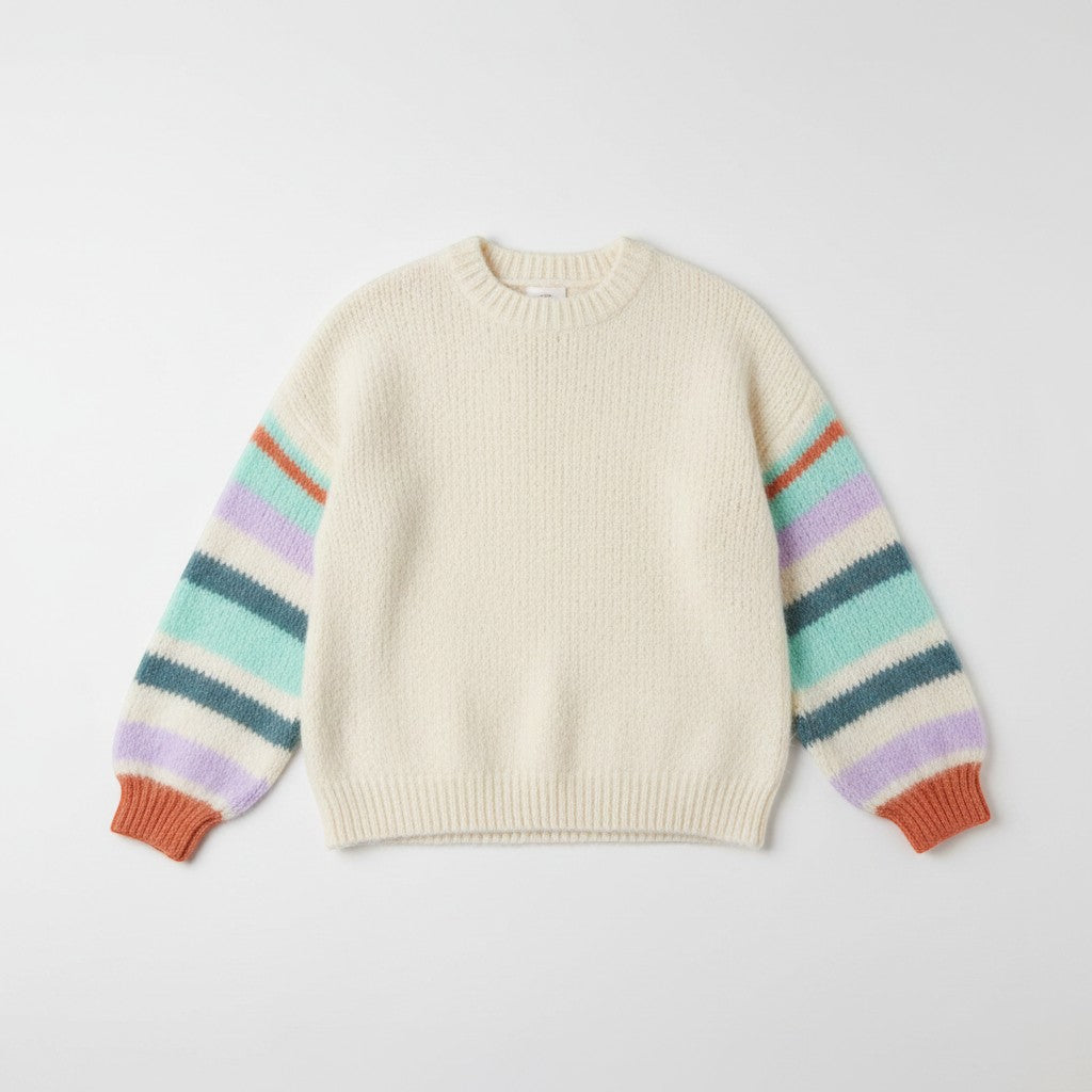Wild Flower - Ladies -Striped Sleeve Fluffy Knit Jumper - Ivory/Aqua - Wildvine Clothing, Spalding, Lincolnshire