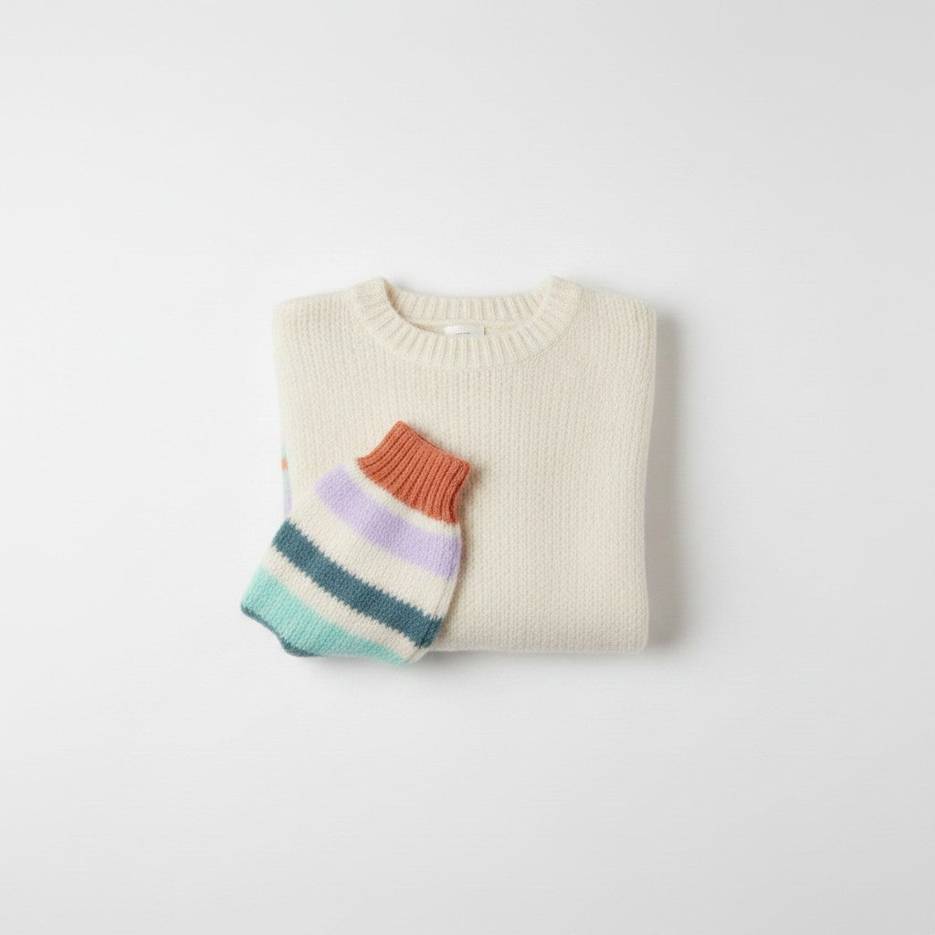 Wild Flower - Ladies -Striped Sleeve Fluffy Knit Jumper - Ivory/Aqua - Wildvine Clothing, Spalding, Lincolnshire