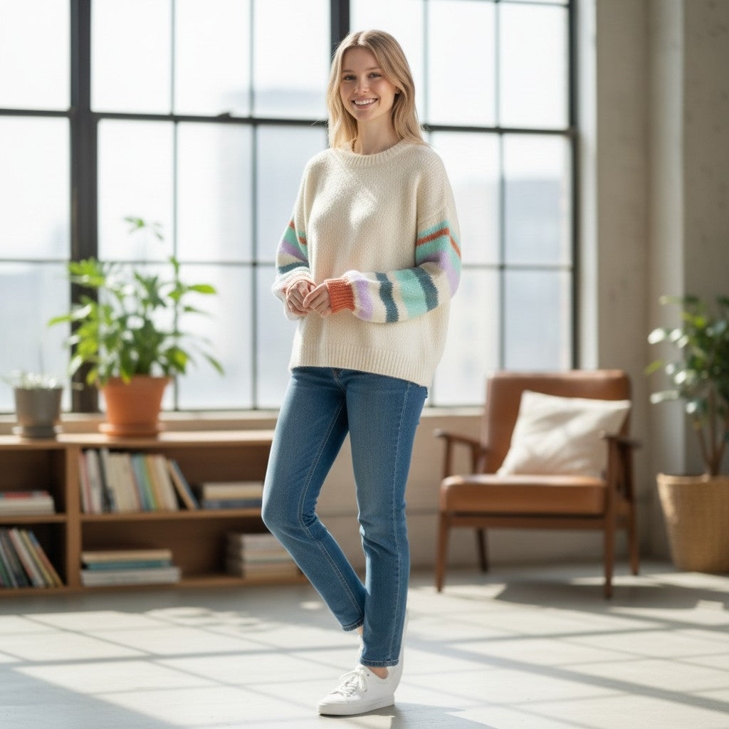 Wild Flower - Ladies -Striped Sleeve Fluffy Knit Jumper - Ivory/Aqua - Wildvine Clothing, Spalding, Lincolnshire