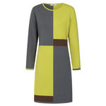 WILDVINE Clothing Co. Alice Collins Ivy knit dress in citronelle yellow, grey, and brown geometric color-block design.