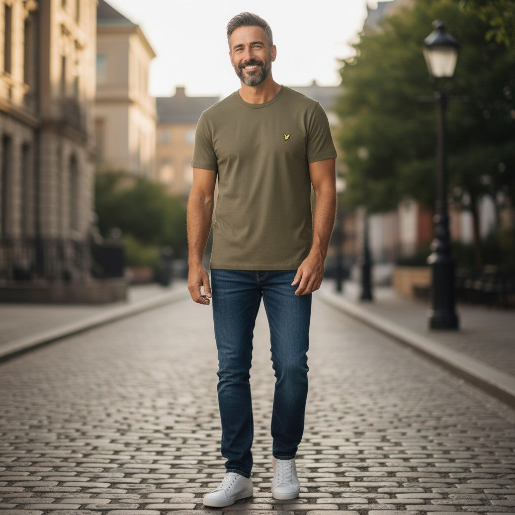 A man wearing a khaki ash Lyle & Scott crew neck t-shirt from WILDVINE Clothing Co. with blue jeans on a city street.