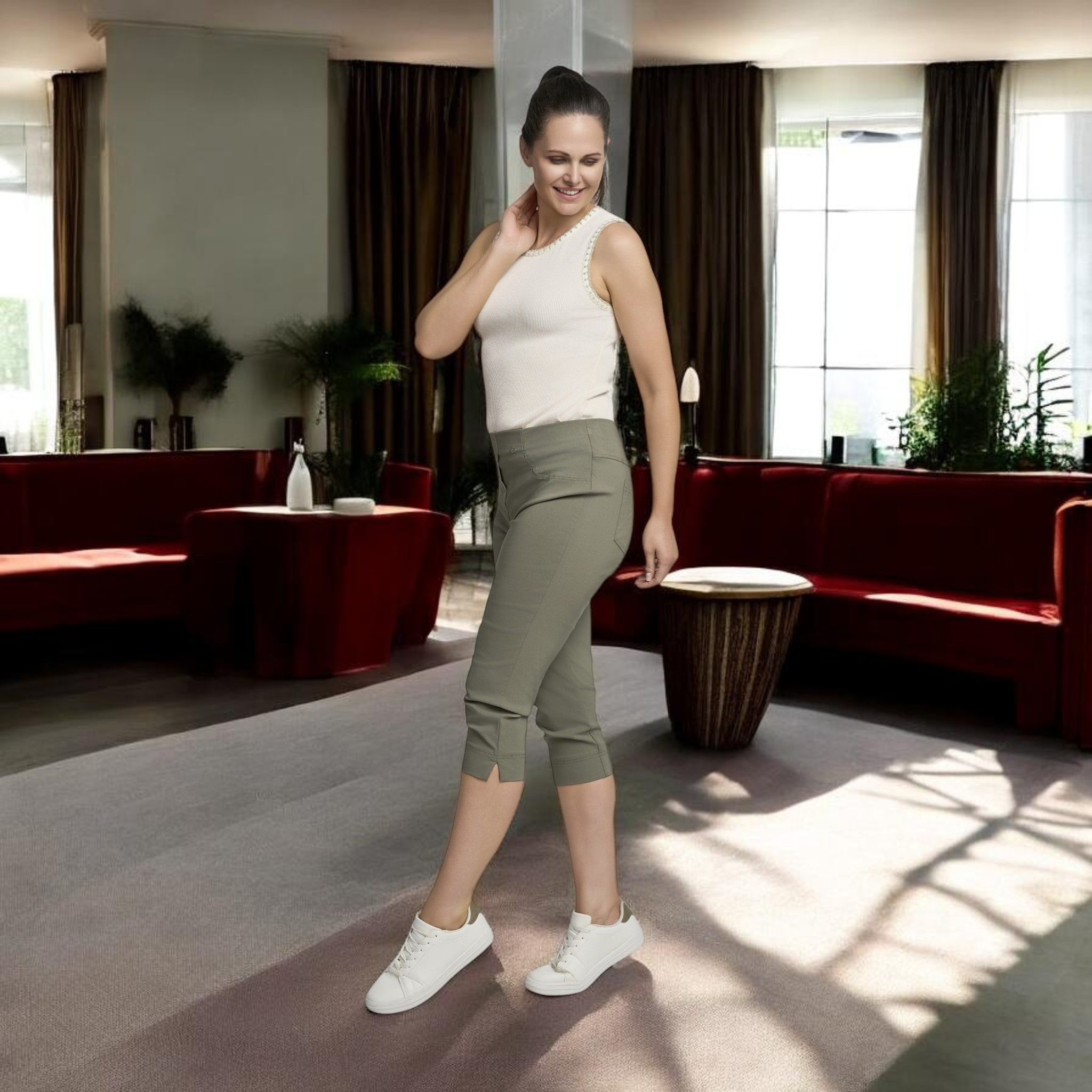 Pinnns - Ladies - Bengaline Crop Trousers With Pockets - Khaki - 226C - Wildvine Clothing, Spalding, Lincolnshire