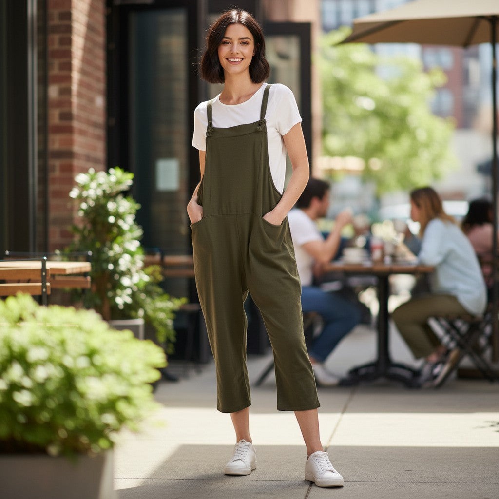 Moda - Ladies - Bow Detail Cotton Dungaree - Khaki - Wildvine Clothing, Spalding, Lincolnshire