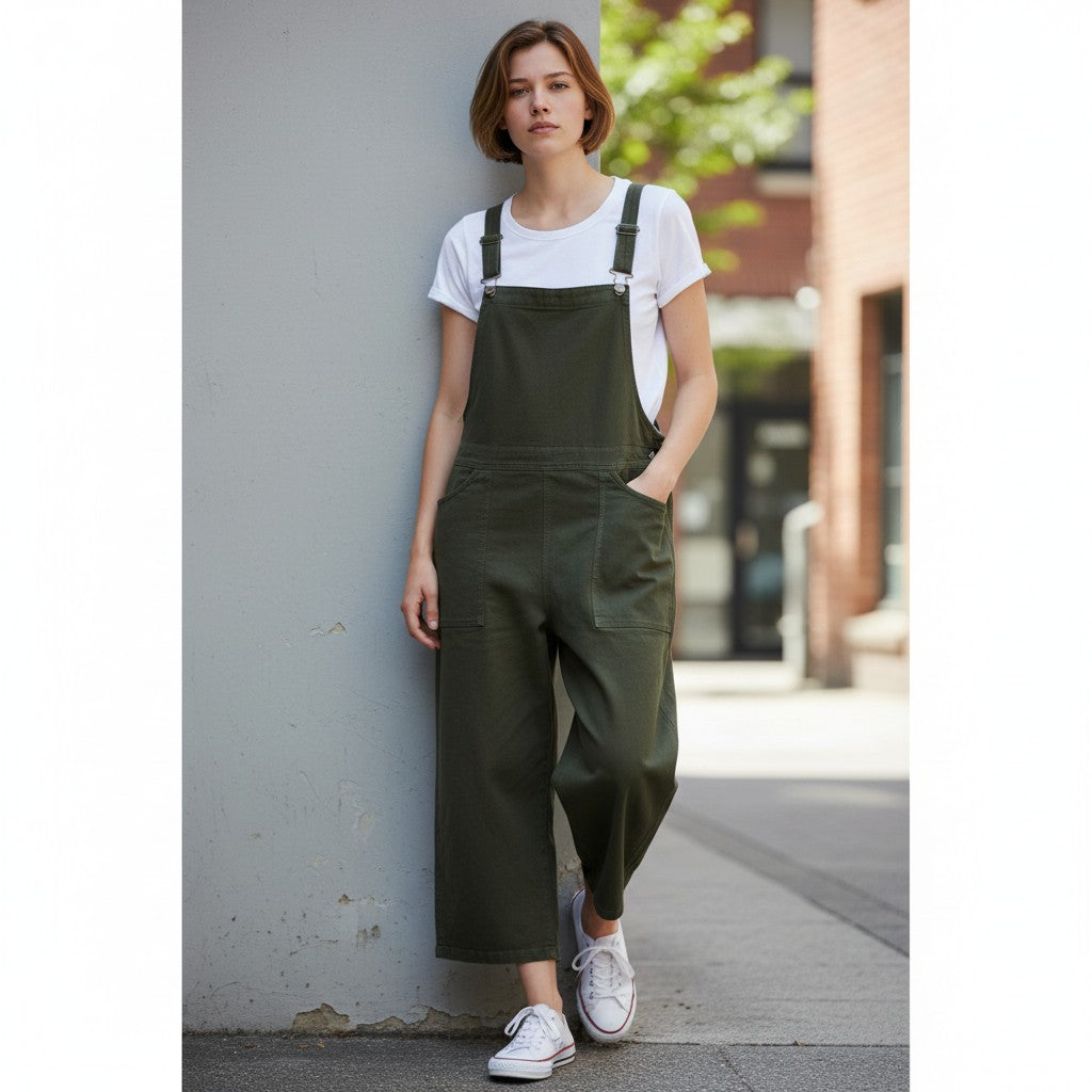 Moda - Ladies - Bow Detail Cotton Dungaree - Khaki - Wildvine Clothing, Spalding, Lincolnshire
