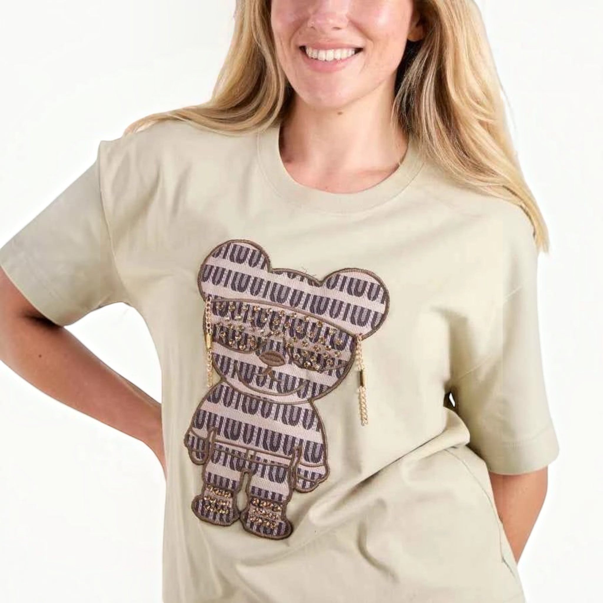 QED - Ladies - Embellished Bear T-Shirt - Khaki - Wildvine Clothing, Spalding, Lincolnshire
