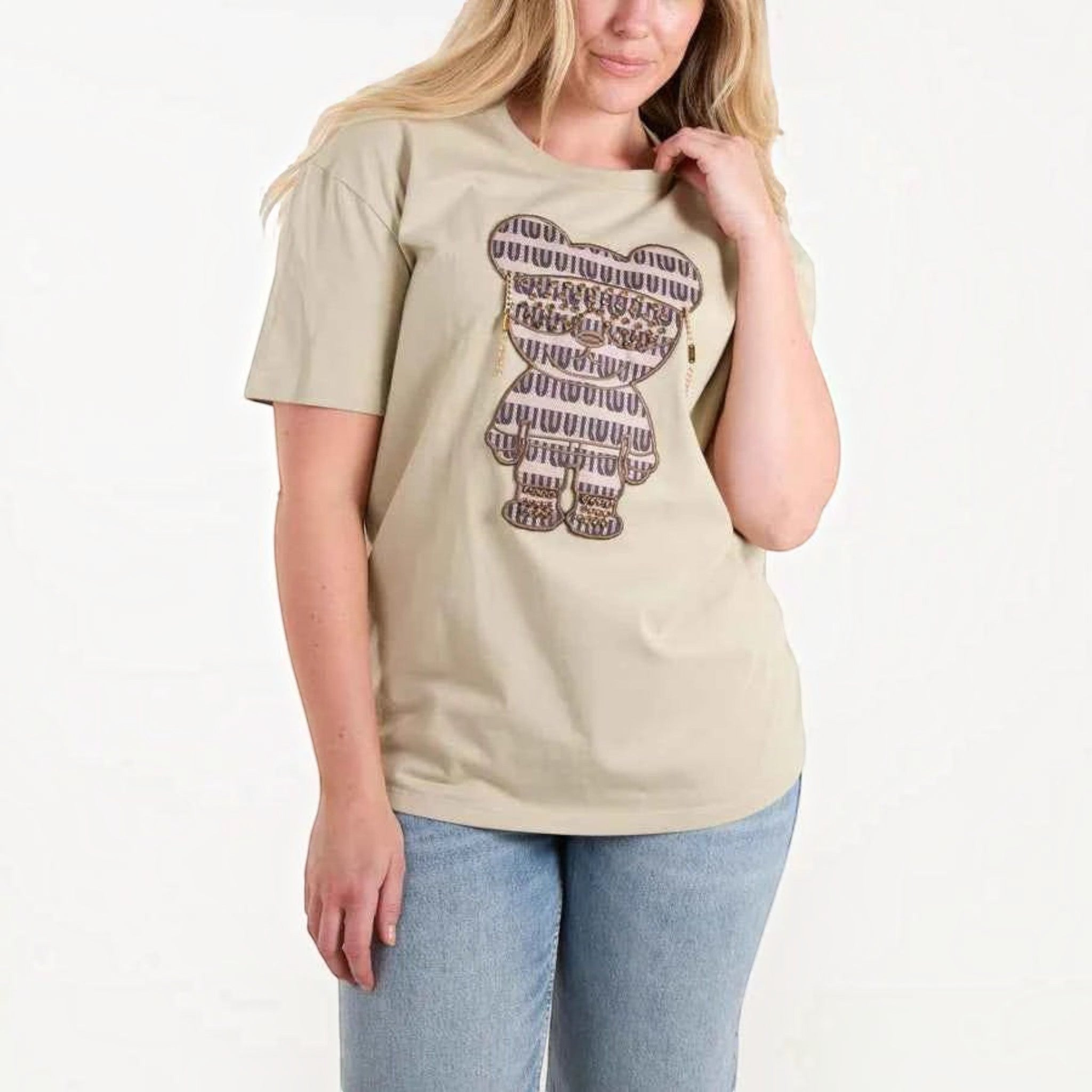 QED - Ladies - Embellished Bear T-Shirt - Khaki - Wildvine Clothing, Spalding, Lincolnshire