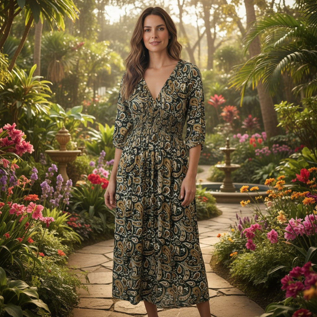 Misumi - Ladies -V Neck Wrap - Midi Dress - Khaki - Wildvine Clothing, Spalding, Lincolnshire