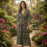 Misumi - Ladies -V Neck Wrap - Midi Dress - Khaki M L - Wildvine Clothing, Spalding, Lincolnshire
