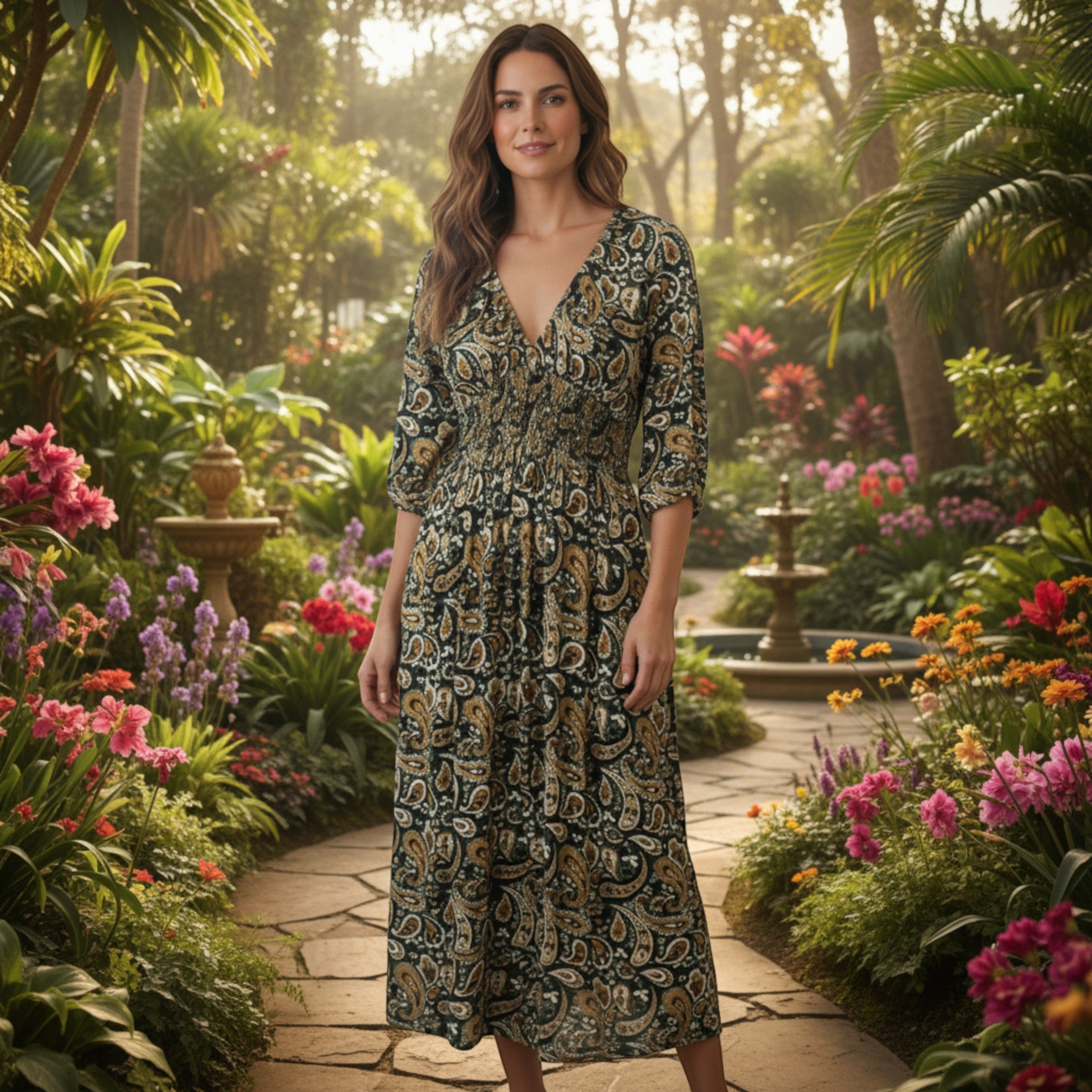 Misumi - Ladies -V Neck Wrap - Midi Dress - Khaki M L - Wildvine Clothing, Spalding, Lincolnshire