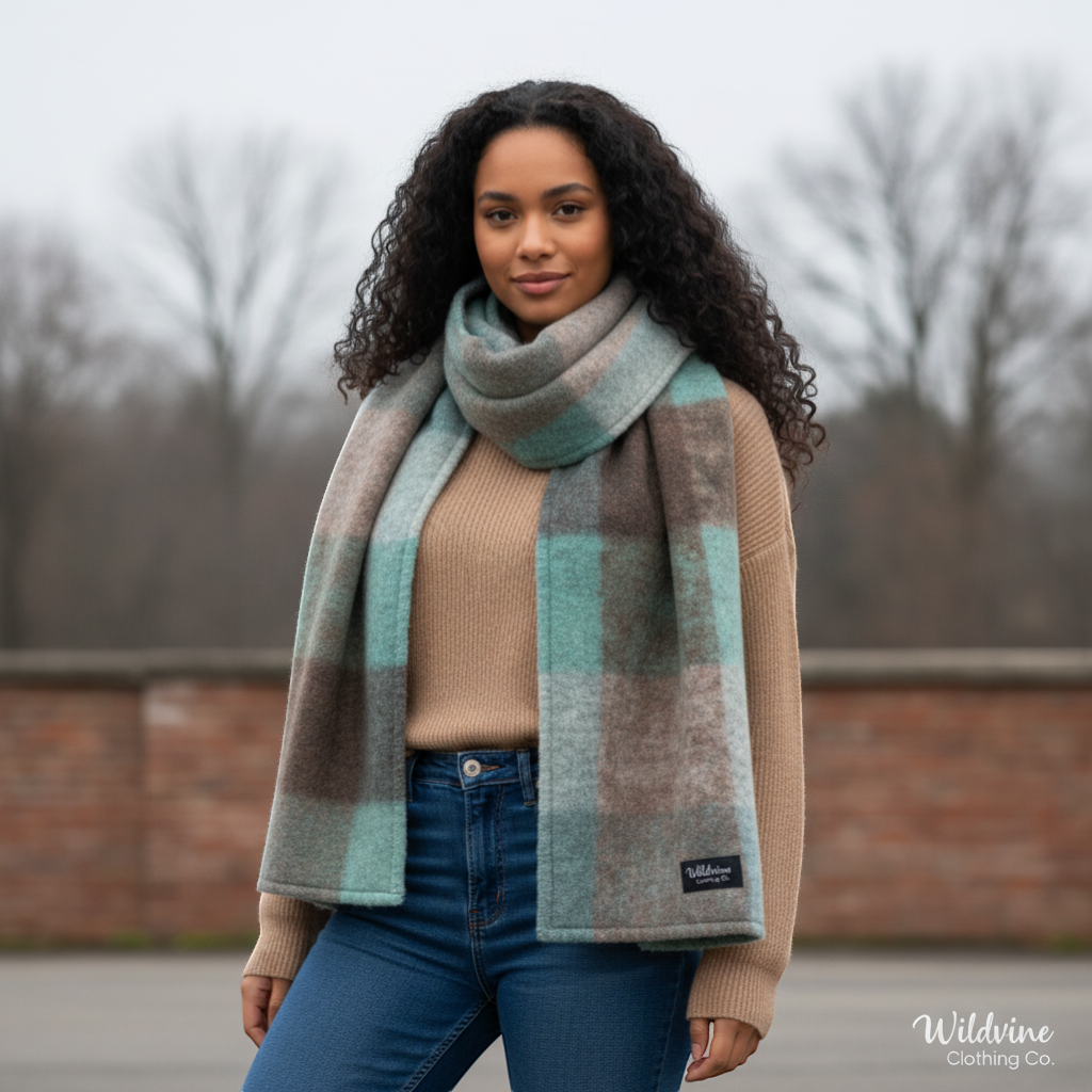 Alice Collins - Ladies Elle Fleece Scarf - Evergreen Check - Wildvine Clothing, Spalding, Lincolnshire
