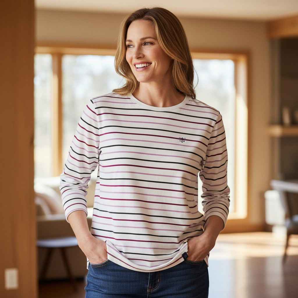 Lighthouse - Ladies Causeway II Top - Cranberry/Pink Stripe - Wildvine Clothing, Spalding, Lincolnshire