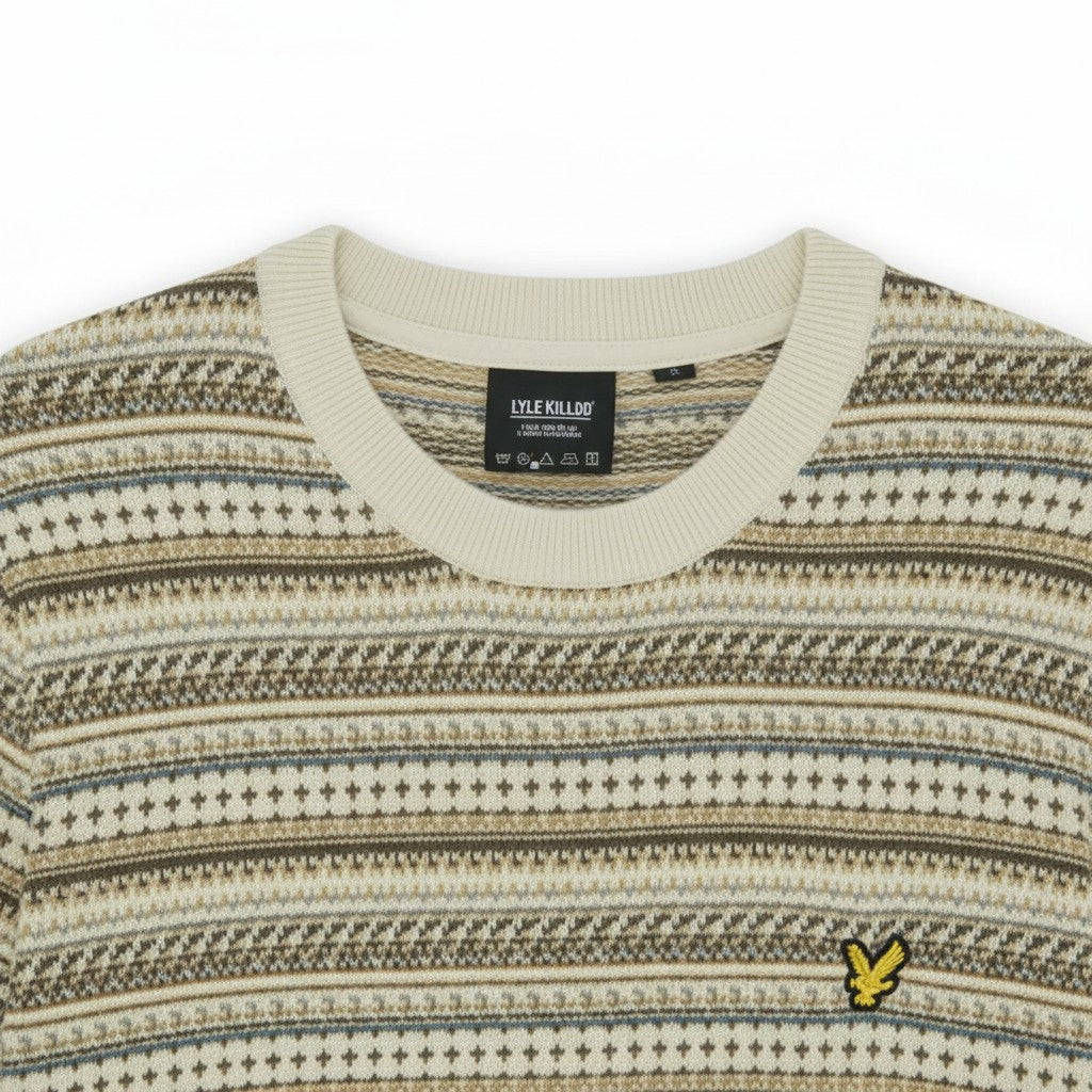WILDVINE Clothing Co. Lyle & Scott men's crew neck jumper in cream with a multi-coloured Fairisle knit pattern.
