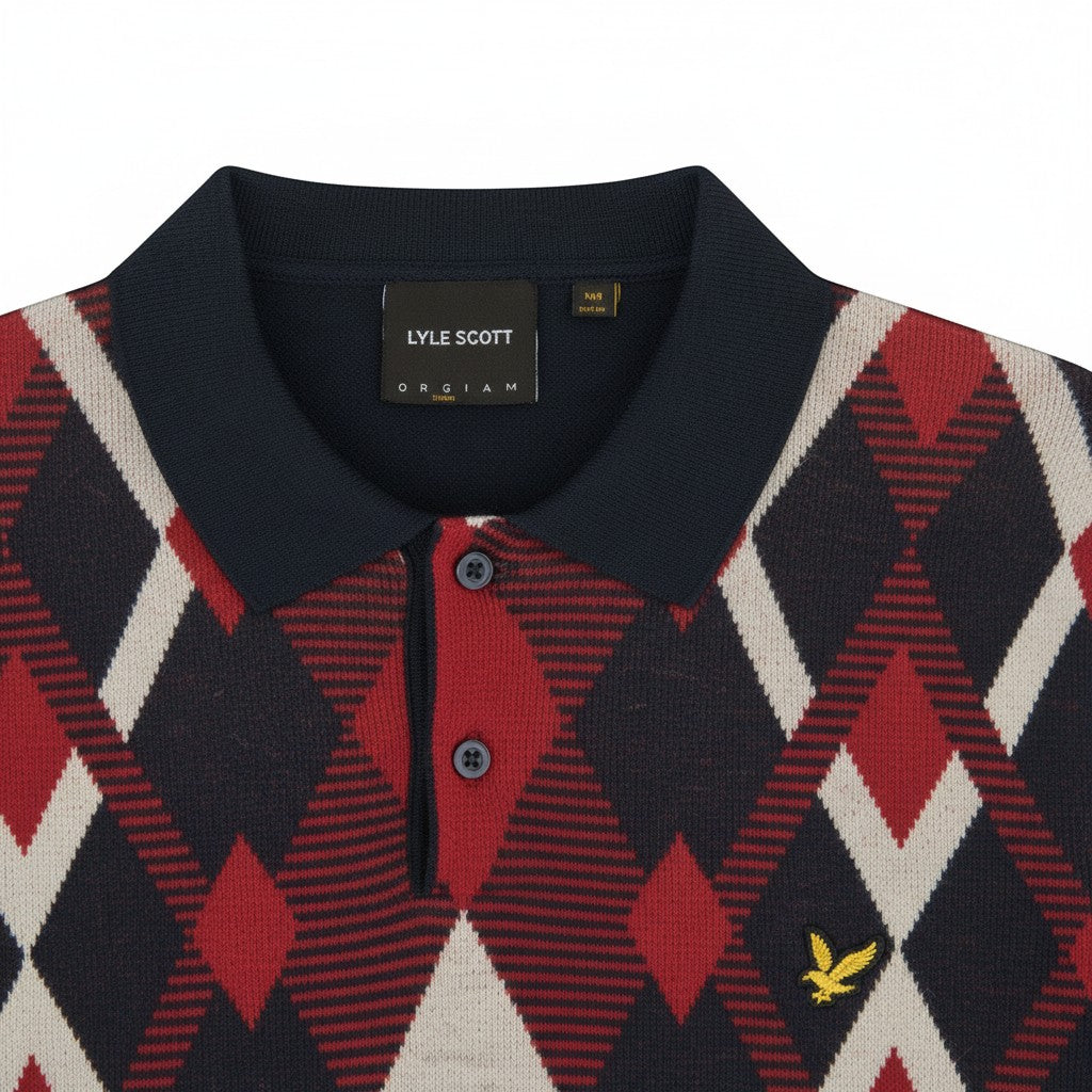 Lyle & Scott - Mens Cotton Argyle Short Sleeve Knitted Polo - Dark Navy/ Cherry Red - KN2491V Y392 - Wildvine Clothing, Spalding, Lincolnshire