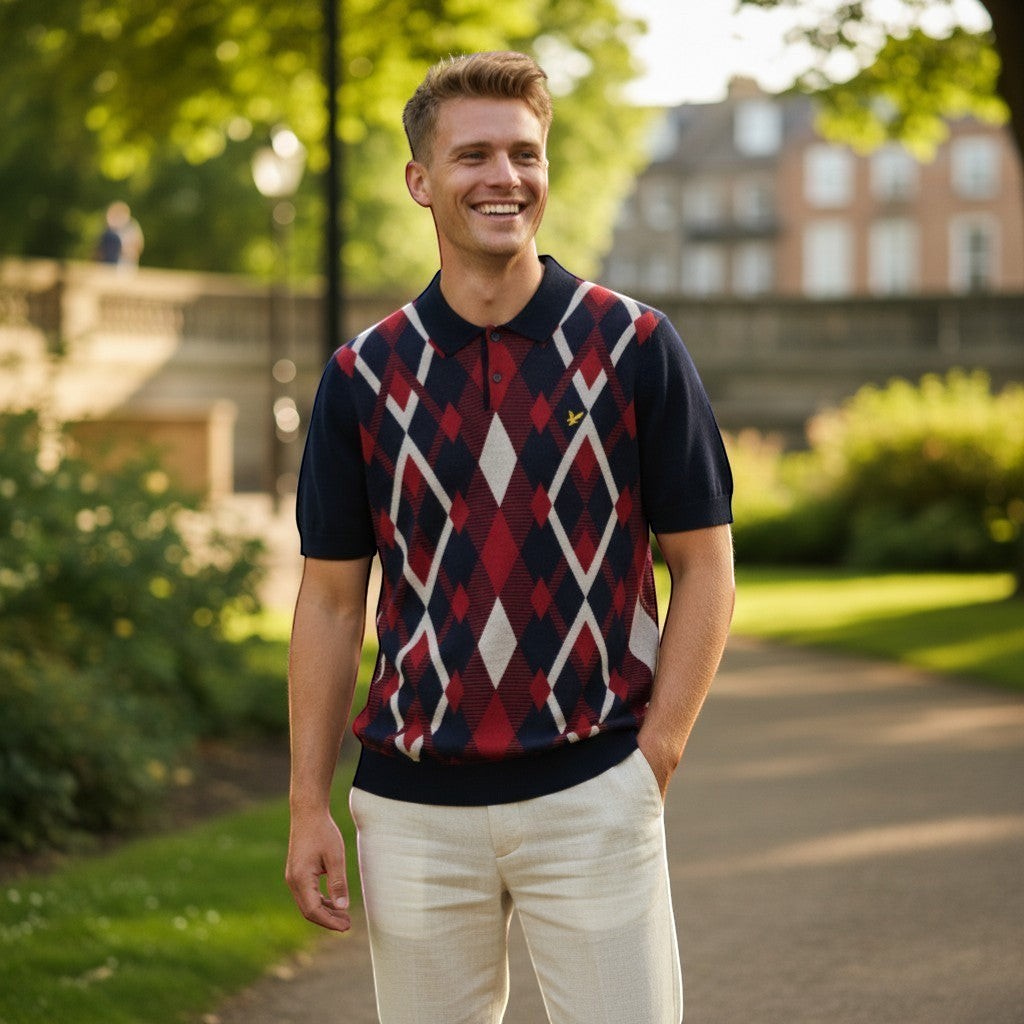 Lyle & Scott - Mens Cotton Argyle Short Sleeve Knitted Polo - Dark Navy/ Cherry Red - KN2491V Y392 - Wildvine Clothing, Spalding, Lincolnshire
