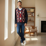 Lyle & Scott - Mens Cotton Argyle V Neck Jumper - Dark Navy / Cherry Red - KN2490V Y392 - Wildvine Clothing, Spalding, Lincolnshire