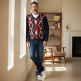 Lyle & Scott - Mens Cotton Argyle V Neck Jumper - Dark Navy / Cherry Red - KN2490V Y392 - Wildvine Clothing, Spalding, Lincolnshire