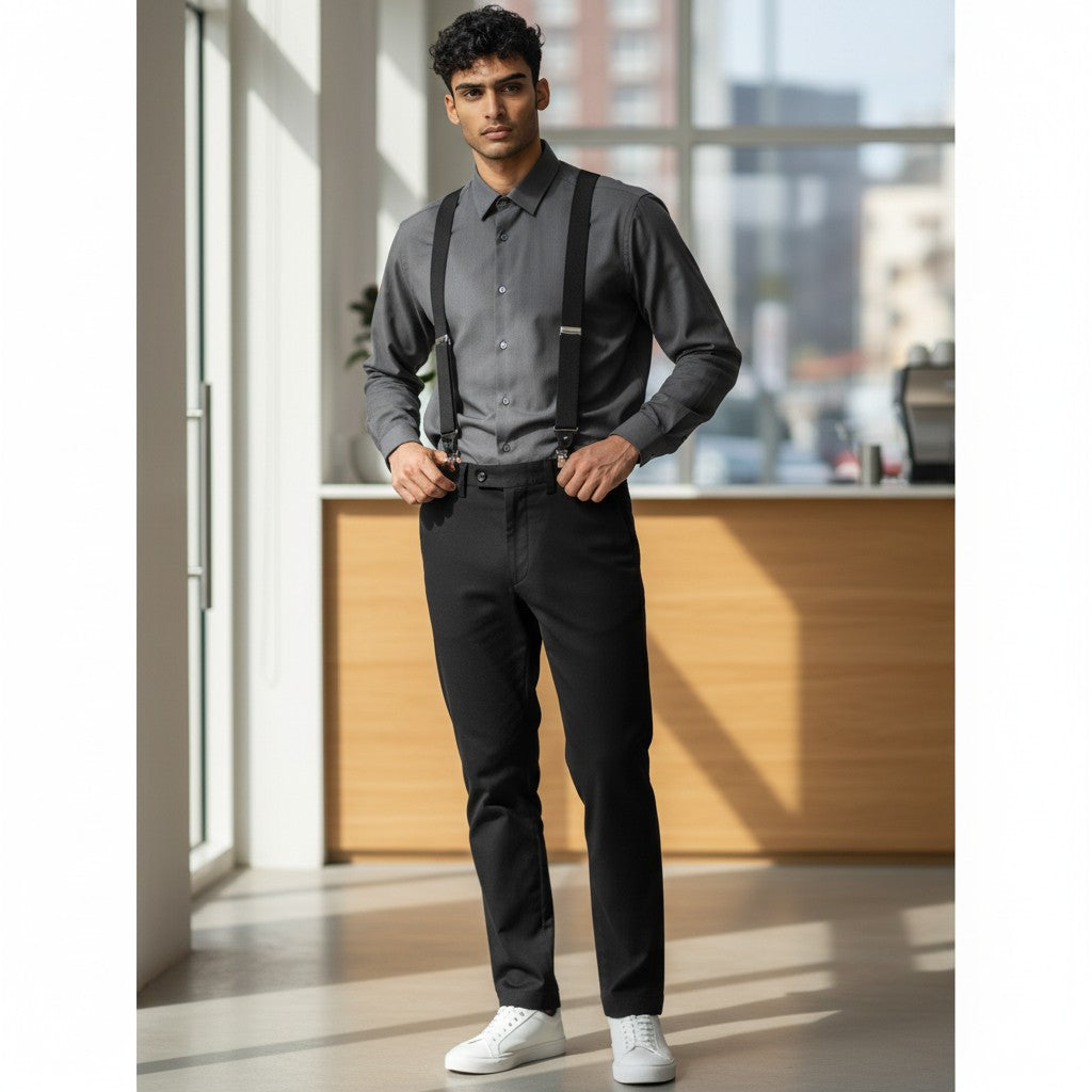 Hunt & Holditch - Mens - Plain Black Braces-Feathered Silver Clip - One Size - Wildvine Clothing, Spalding, Lincolnshire