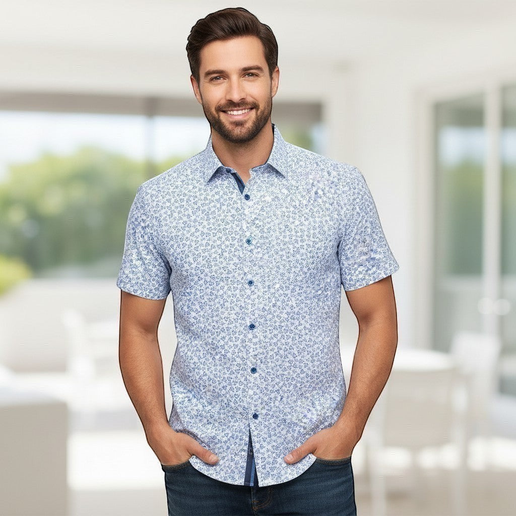 DG's Drifter Mens - Regular Short Sleeve Casual Shirt - Blue/Floral - 14682SS - 25 - Wildvine Clothing, Spalding, Lincolnshire